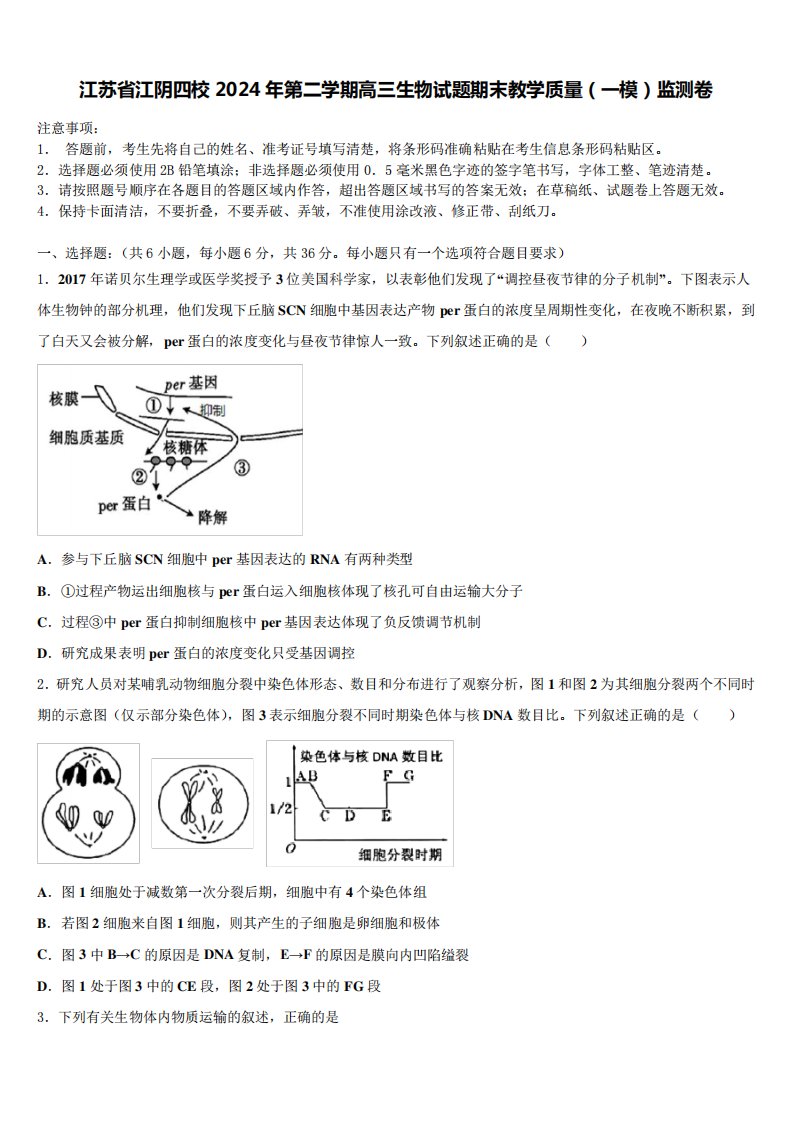 江苏省江阴四校2024年第二学期高三生物试题期末教学质量(一模)监测卷