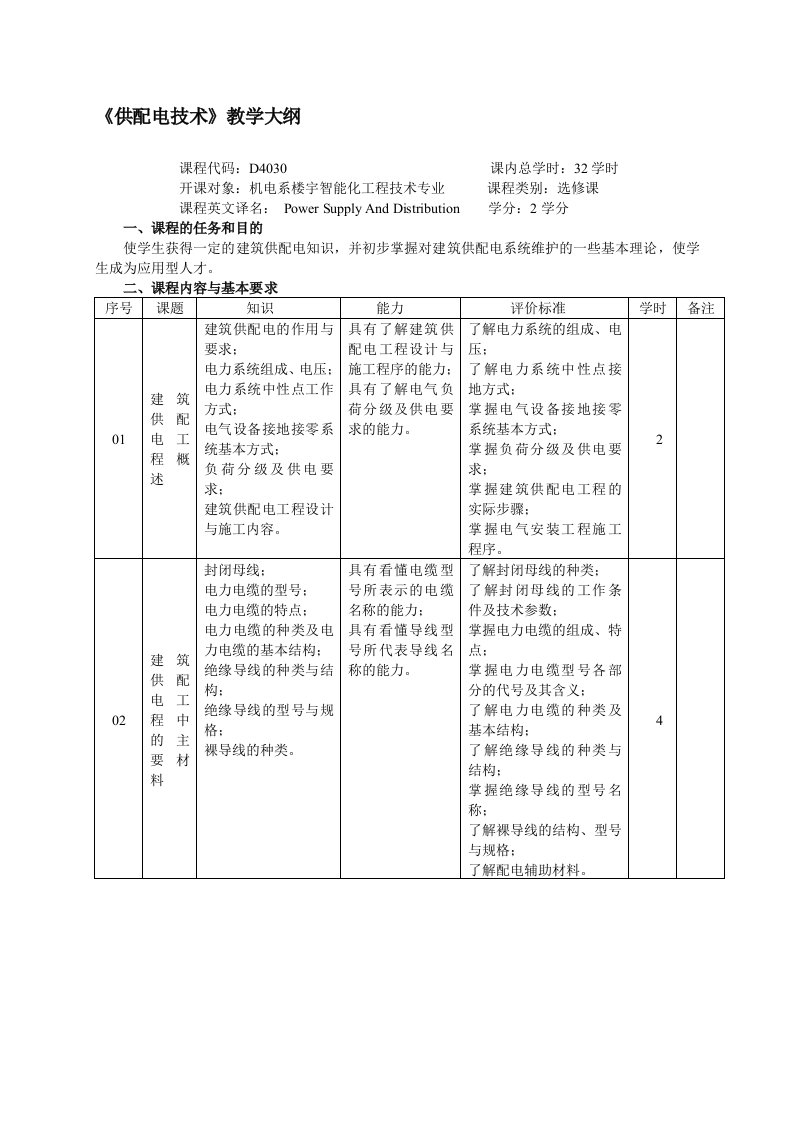 《供配电技术》教学大纲