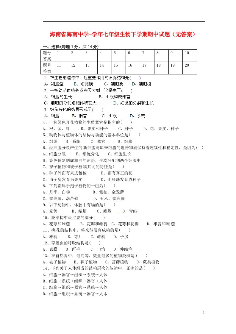 海南省海南中学七级生物下学期期中试题（无答案）