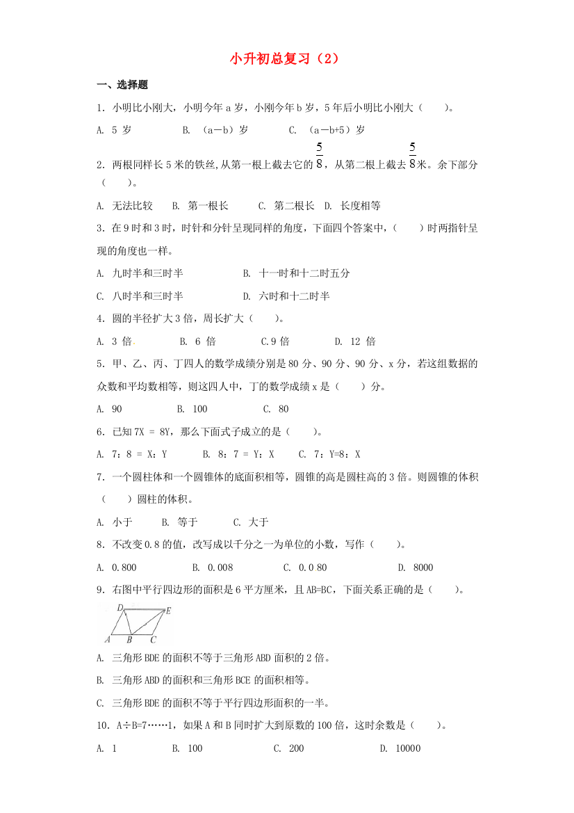 2021小升初数学知识专项训练总复习（二）（含解析）