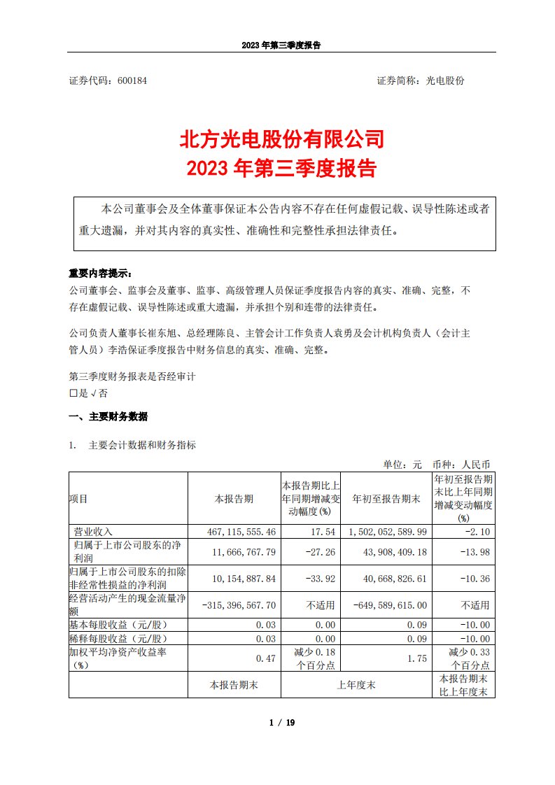 上交所-北方光电股份有限公司2023年第三季度报告-20231026