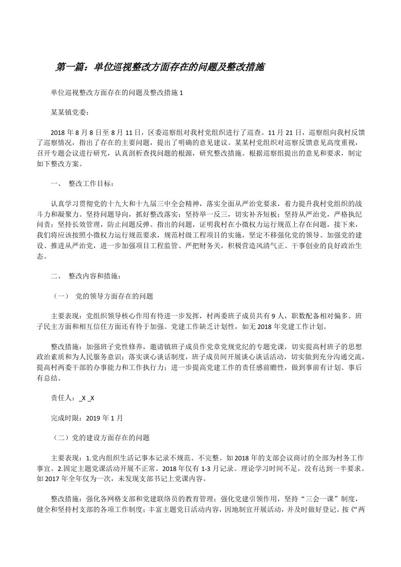 单位巡视整改方面存在的问题及整改措施[全文5篇][修改版]