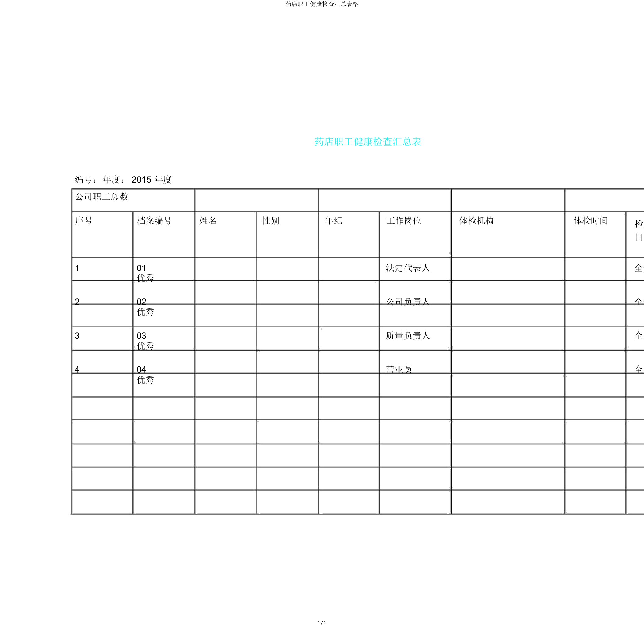 药店员工健康检查汇总表格