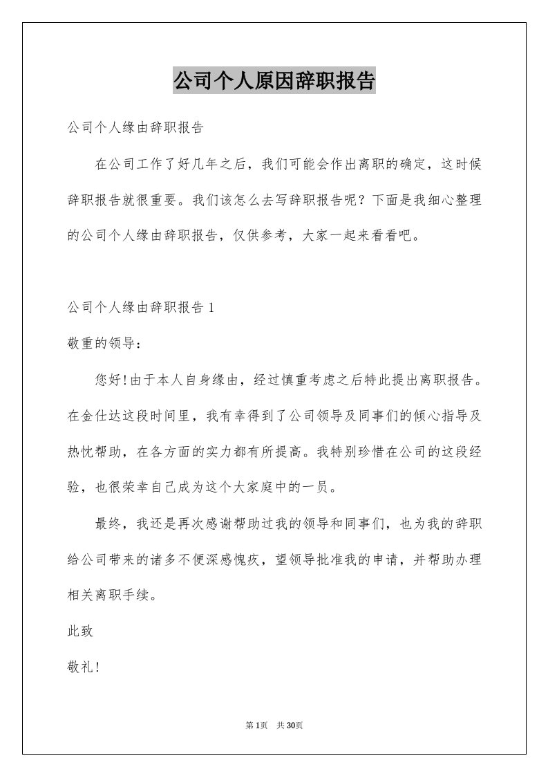 公司个人原因辞职报告例文