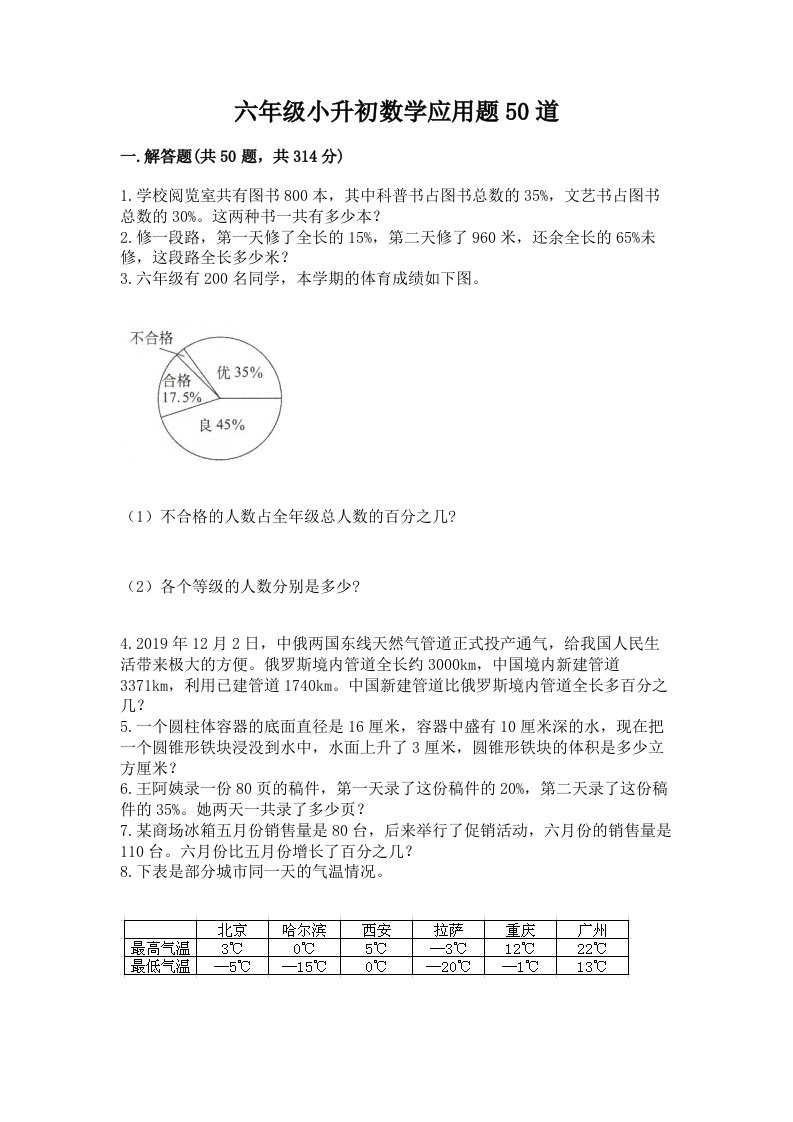 六年级小升初数学应用题50道及完整答案【历年真题】