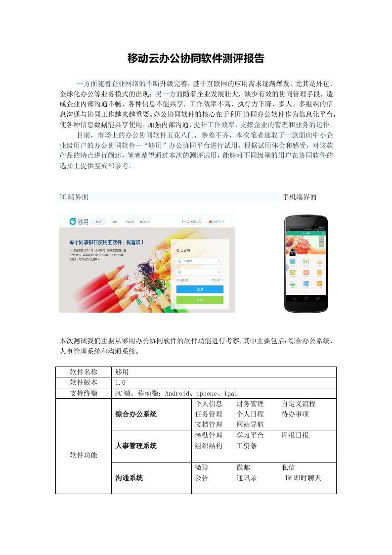 移动云办公协同软件测评报告