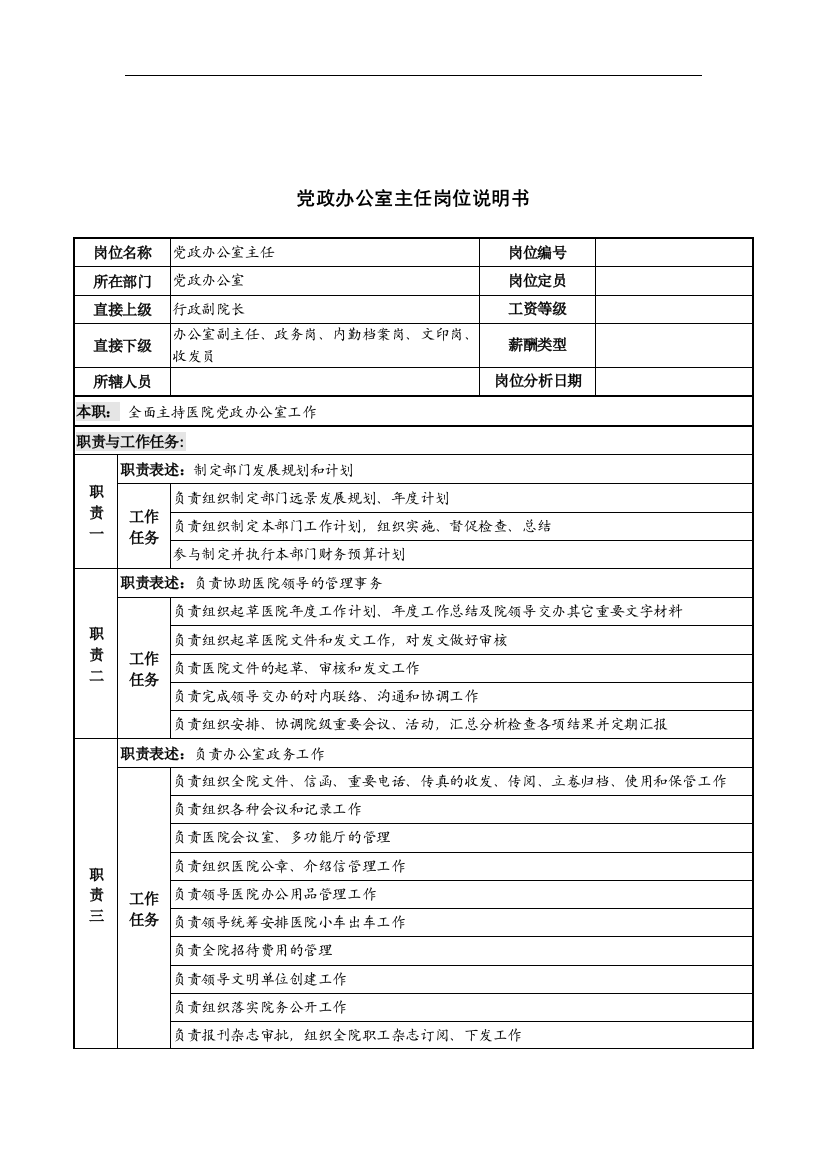 党政办公室主任岗位说明书