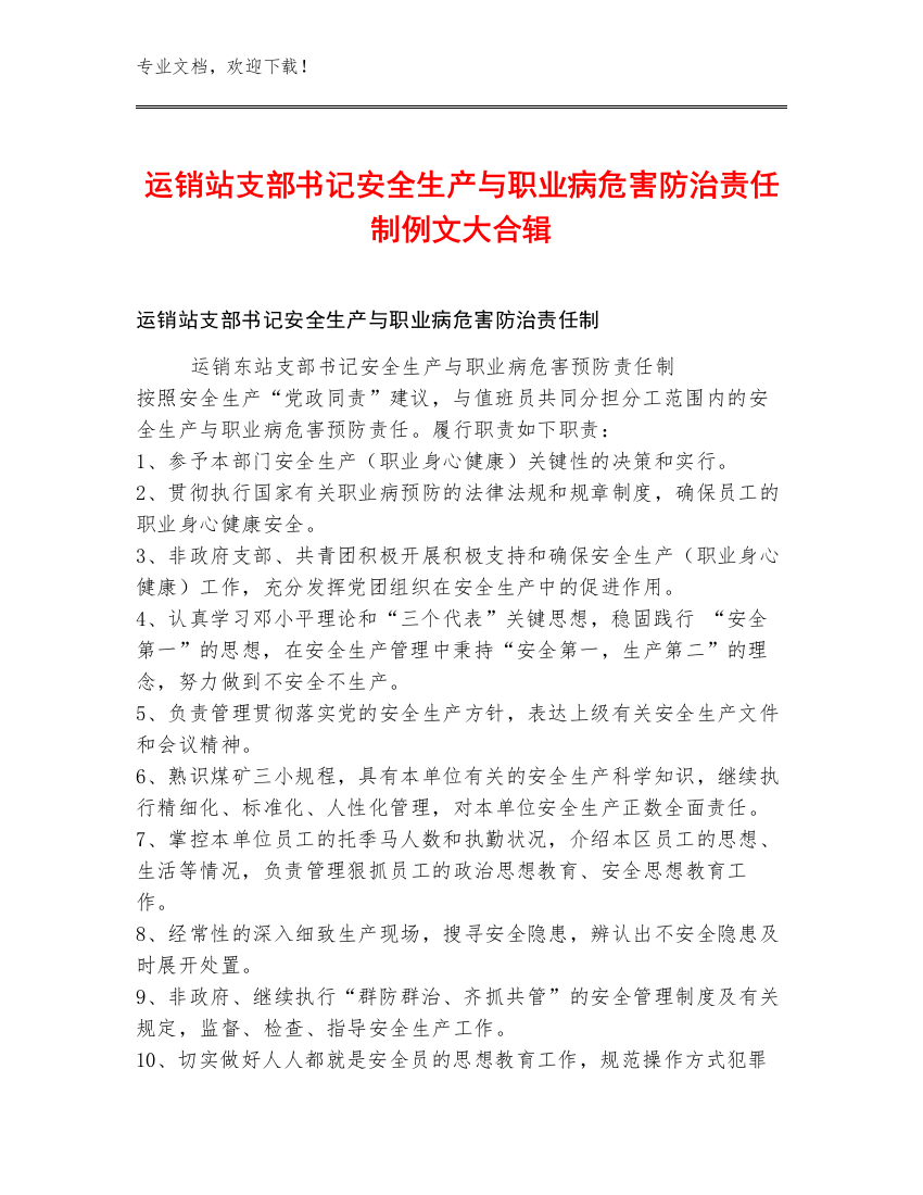 运销站支部书记安全生产与职业病危害防治责任制例文大合辑