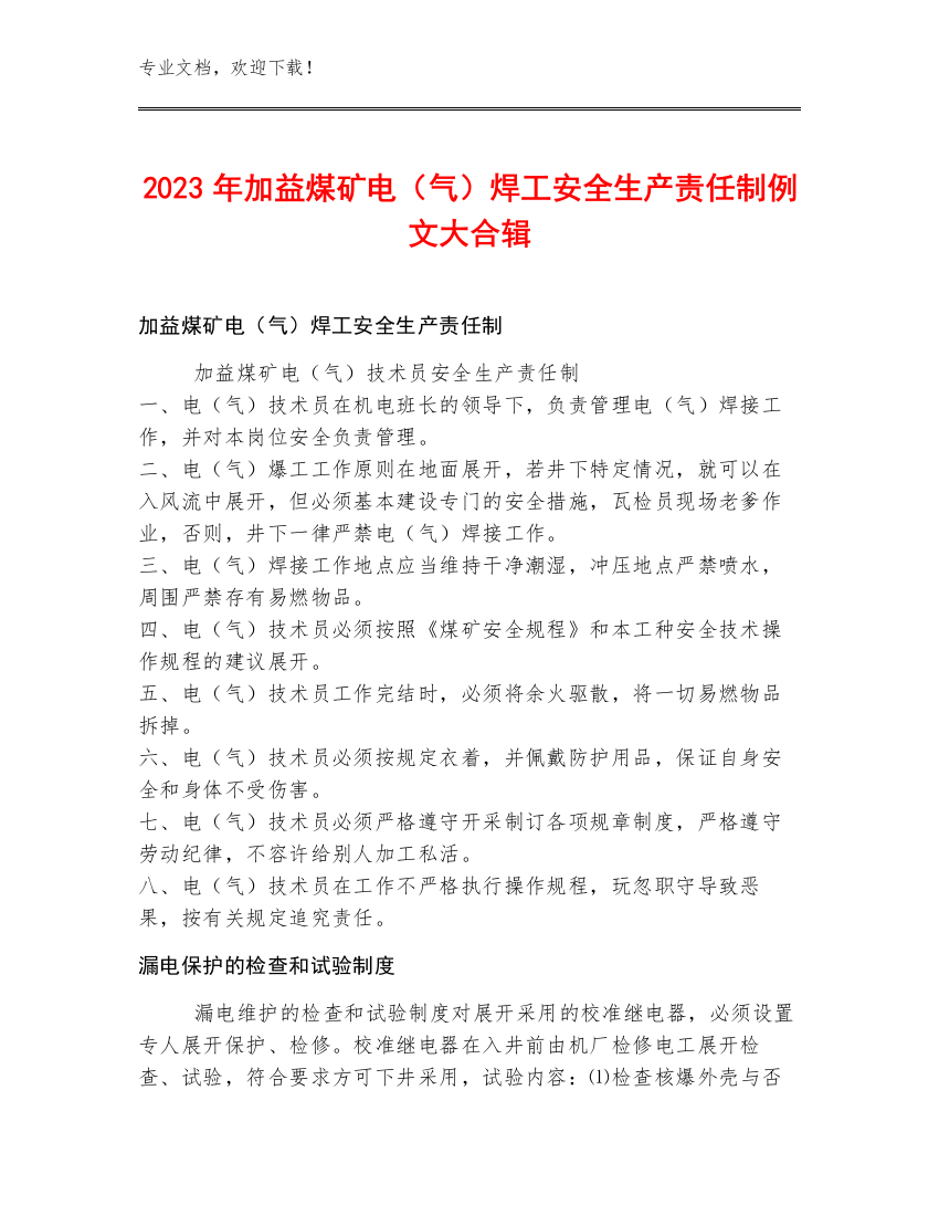 2023年加益煤矿电（气）焊工安全生产责任制例文大合辑