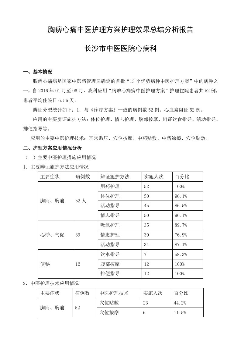 胸痹心痛中医护理方案护理效果总结分析报告(1)