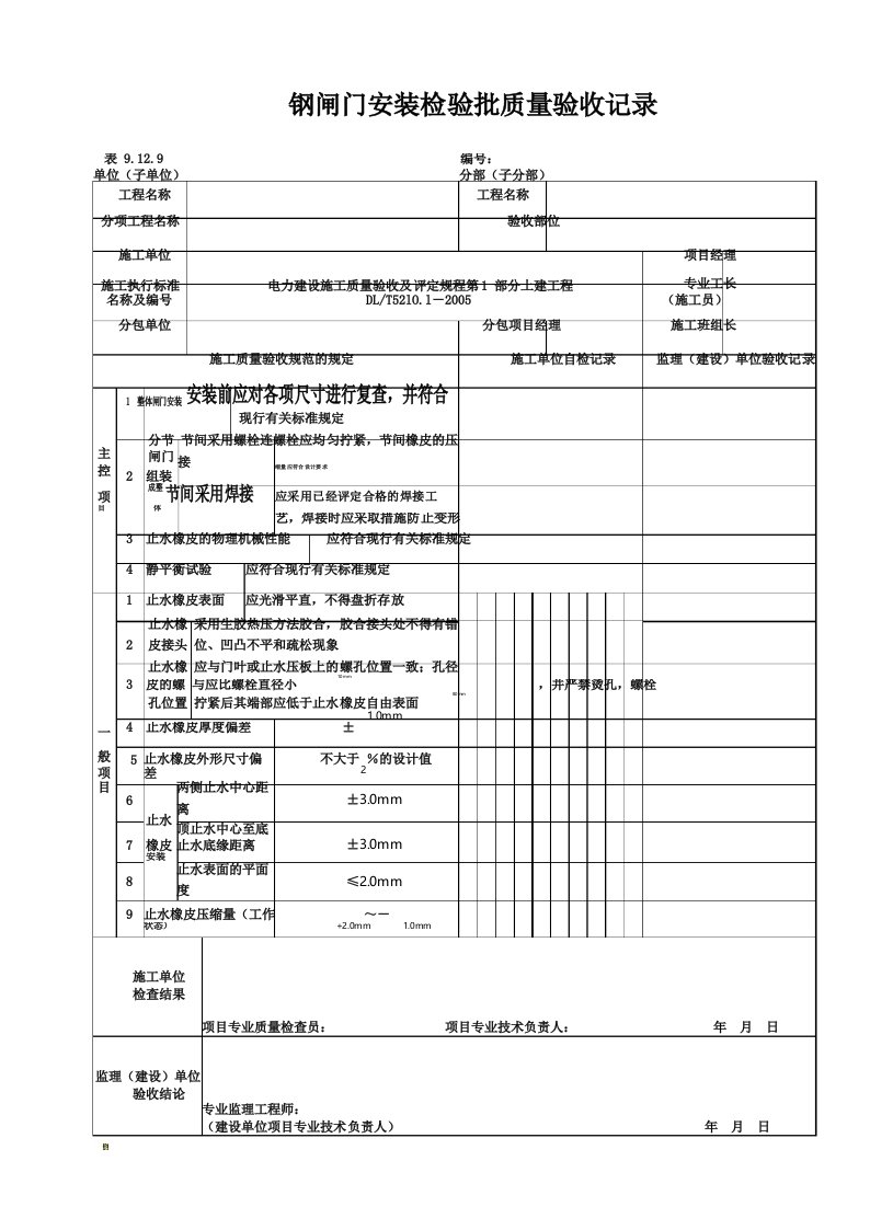 钢闸门安装检验批质量验收记录