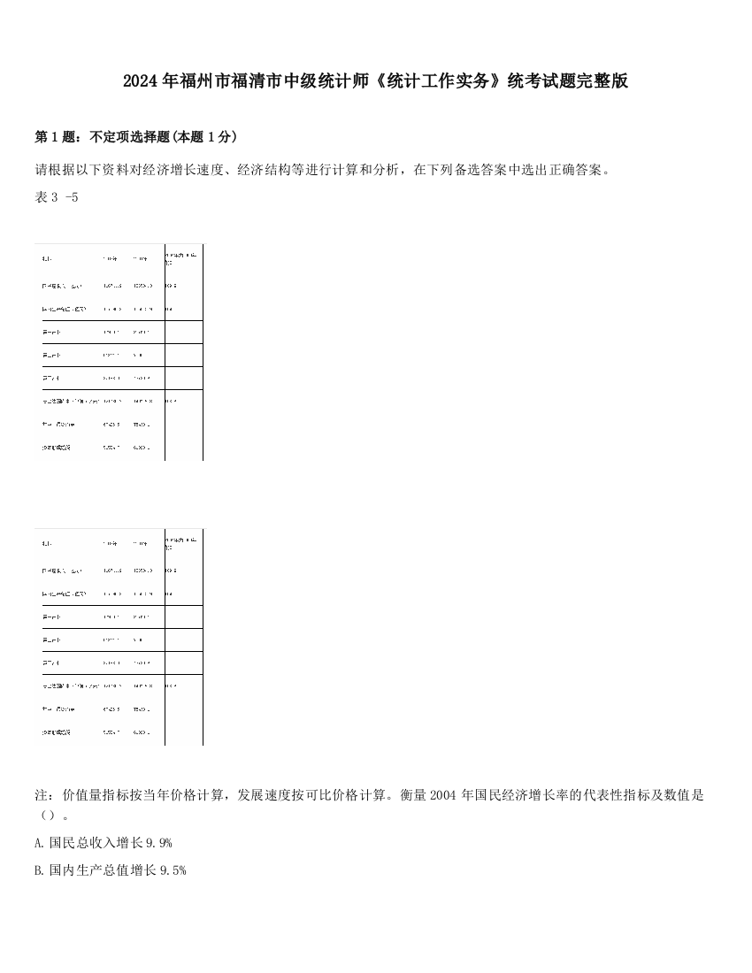 2024年福州市福清市中级统计师《统计工作实务》统考试题完整版