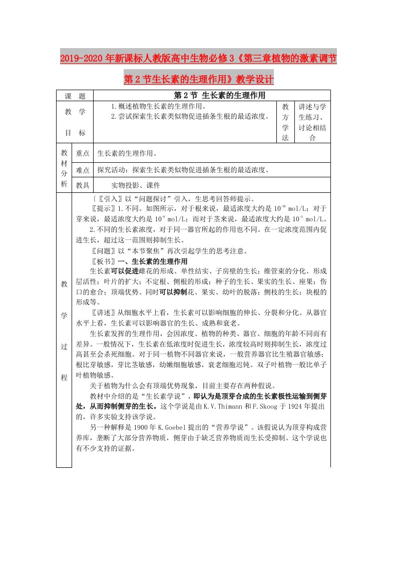 2019-2020年新课标人教版高中生物必修3《第三章植物的激素调节第2节生长素的生理作用》教学设计