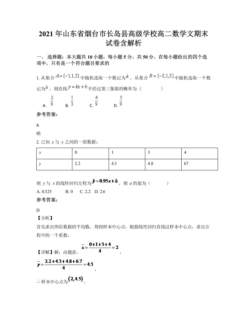 2021年山东省烟台市长岛县高级学校高二数学文期末试卷含解析