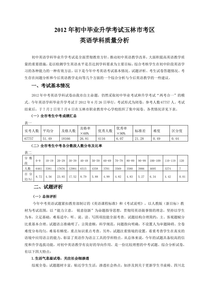 2012年玉林地区英语科中考质量分析