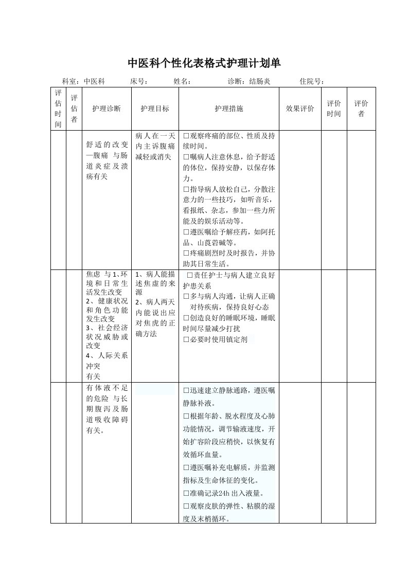 结肠炎病人个性化护理计划单