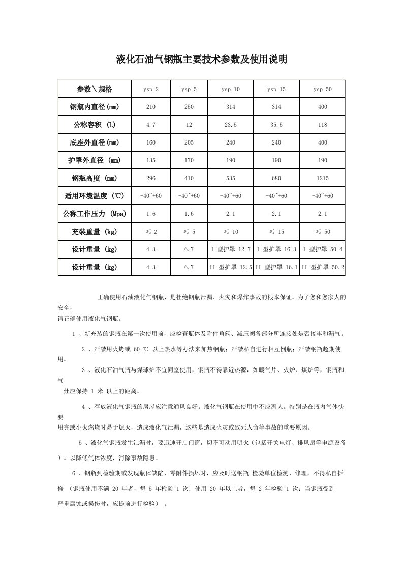 煤气罐液化石油气钢瓶主要技术参数及使用说明word版