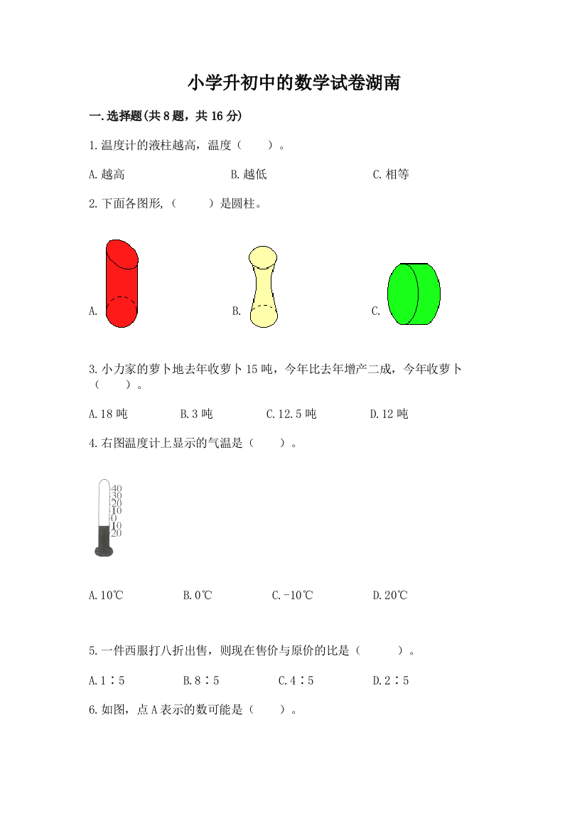 小学升初中的数学试卷湖南含答案（名师推荐）