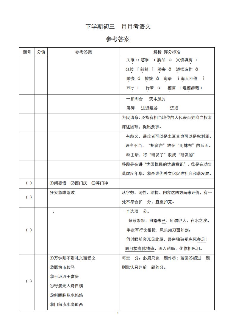 初三下3月月考语文试题答案