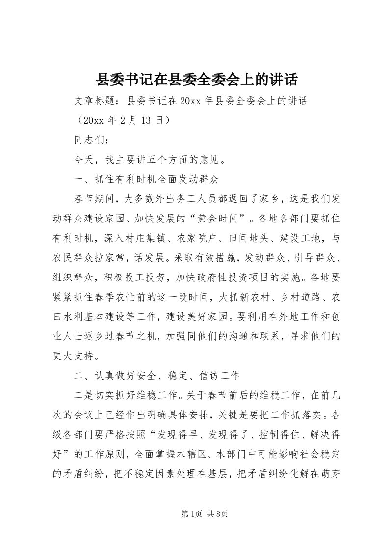 6县委书记在县委全委会上的致辞