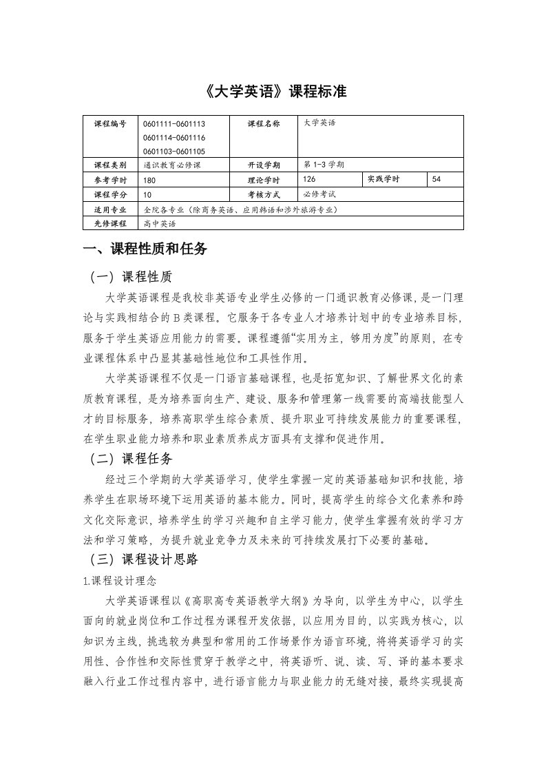 《大学英语》课程标准