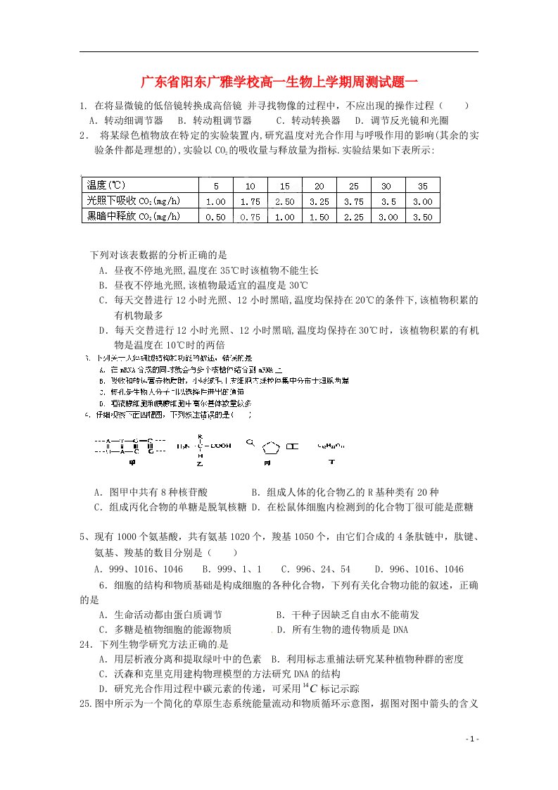 广东省阳东广雅学校高一生物上学期周测试题一