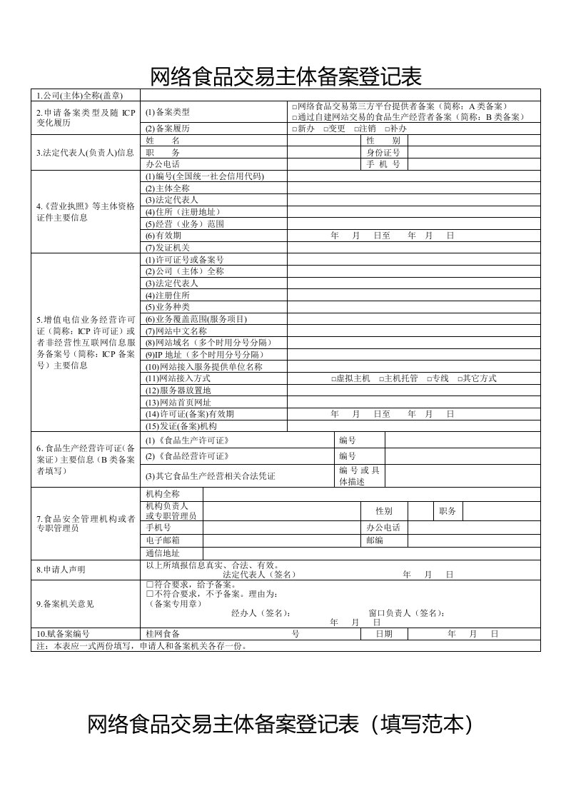 网络食品交易主体备案登记表