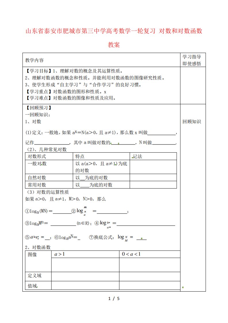 山东省泰安市肥城市中学高考数学轮复习对数和对数函数教案