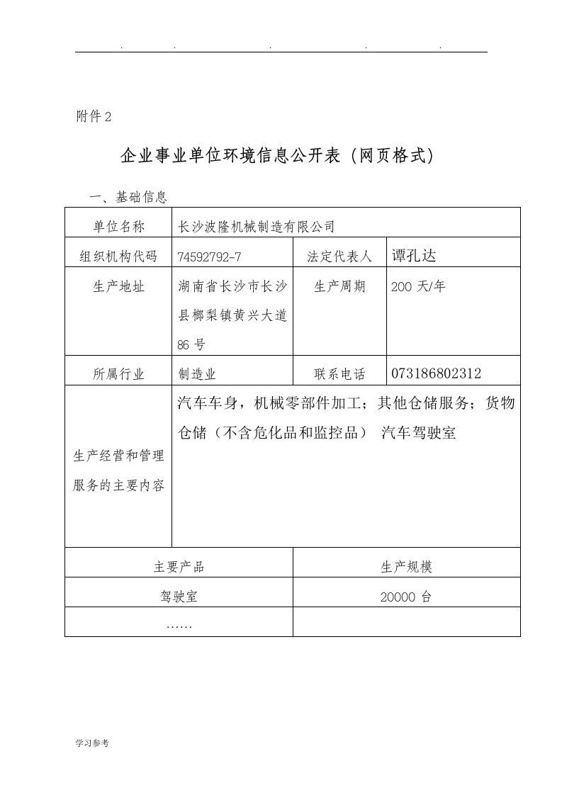 长沙波隆机械制造有限公司环境信息公开表