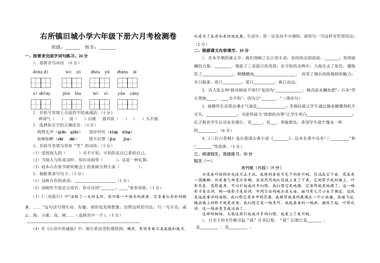 【小学中学教育精选】苏教版六年级语文下册六月考试卷