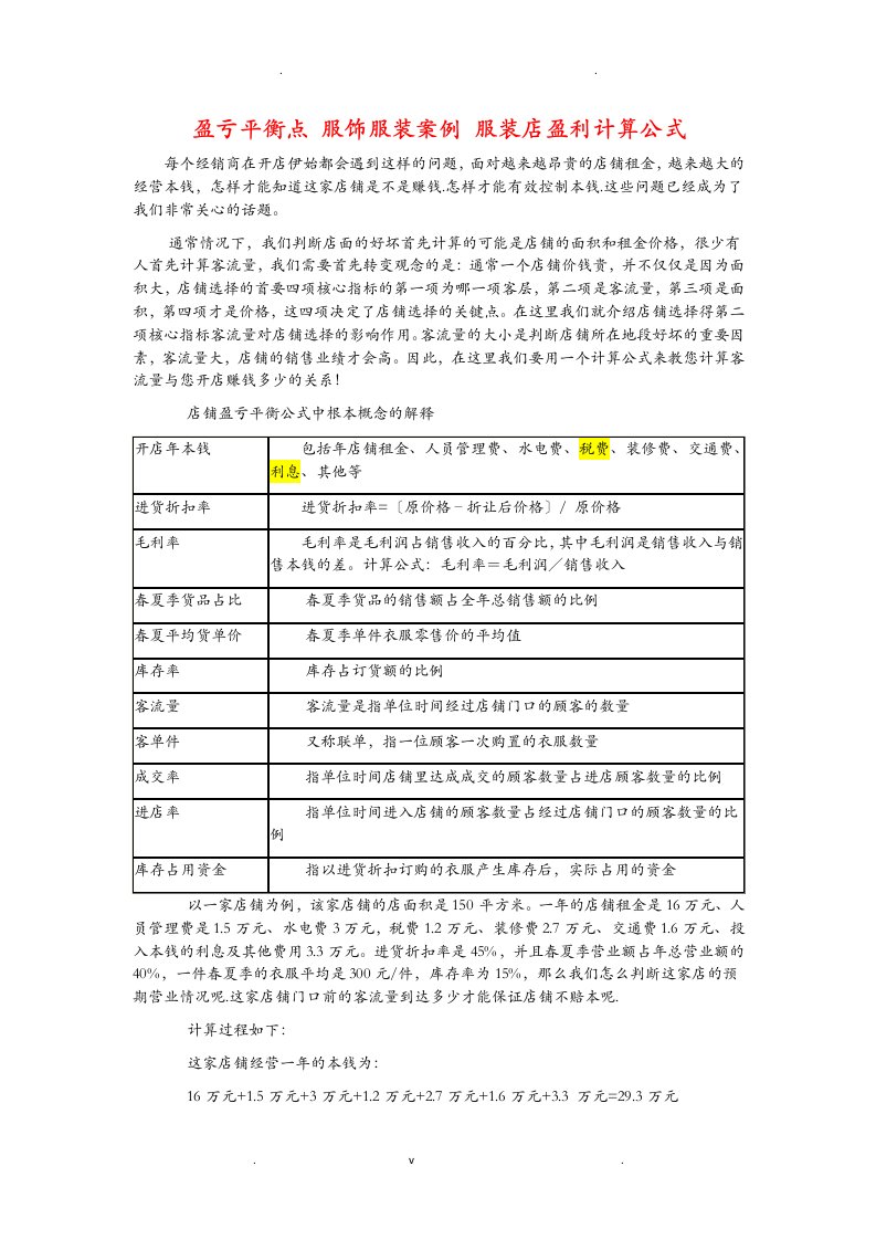 盈亏平衡点服饰服装案例服装店盈利计算公式