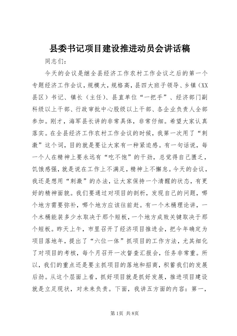 6县委书记项目建设推进动员会致辞稿