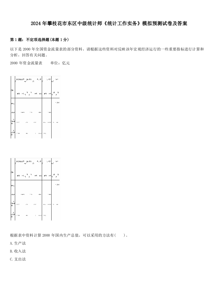 2024年攀枝花市东区中级统计师《统计工作实务》模拟预测试卷及答案