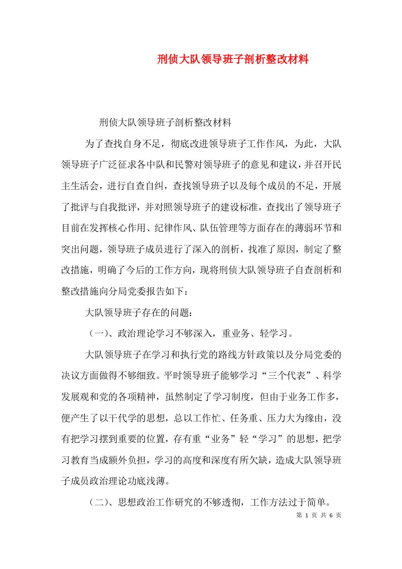 刑侦大队领导班子剖析整改材料（二）