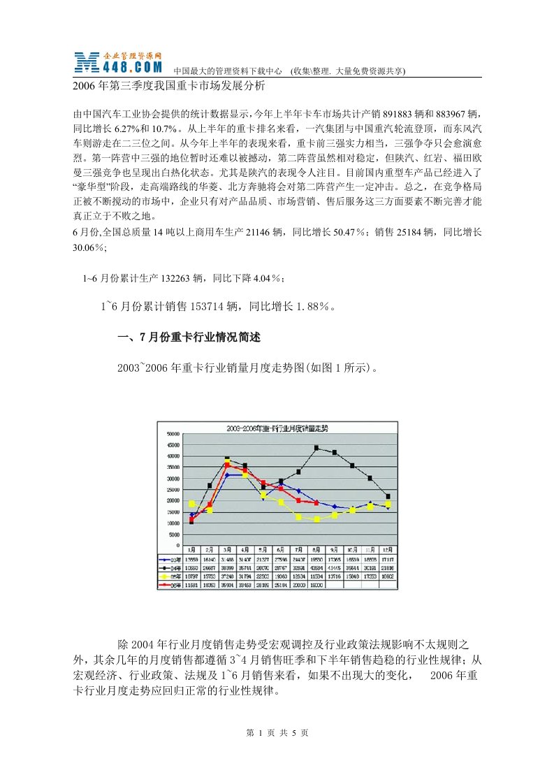 2006年第三季度我国重卡市场发展分析(doc)-销售管理