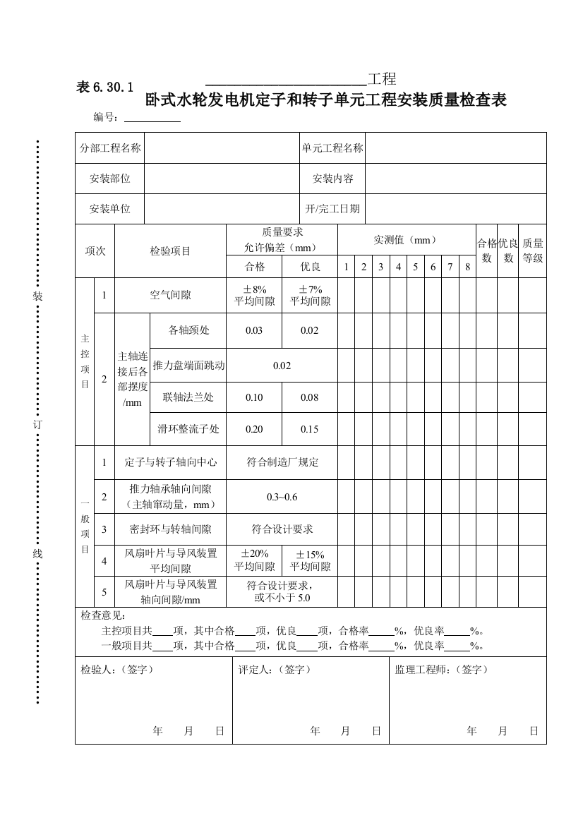 表6301-卧式水轮发电机定子和转子单元工程安装质量检查表