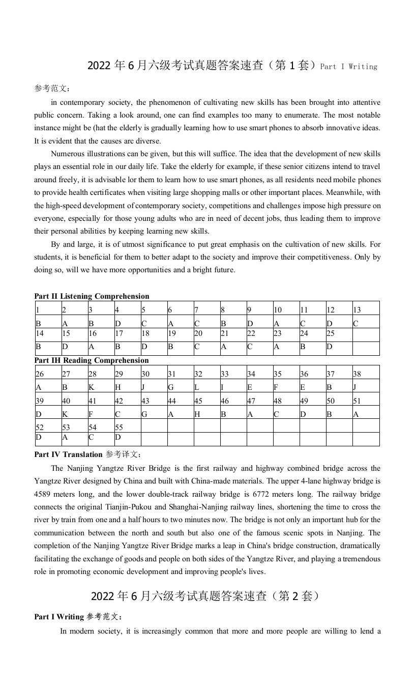 2022年6月六级考试真题答案速查