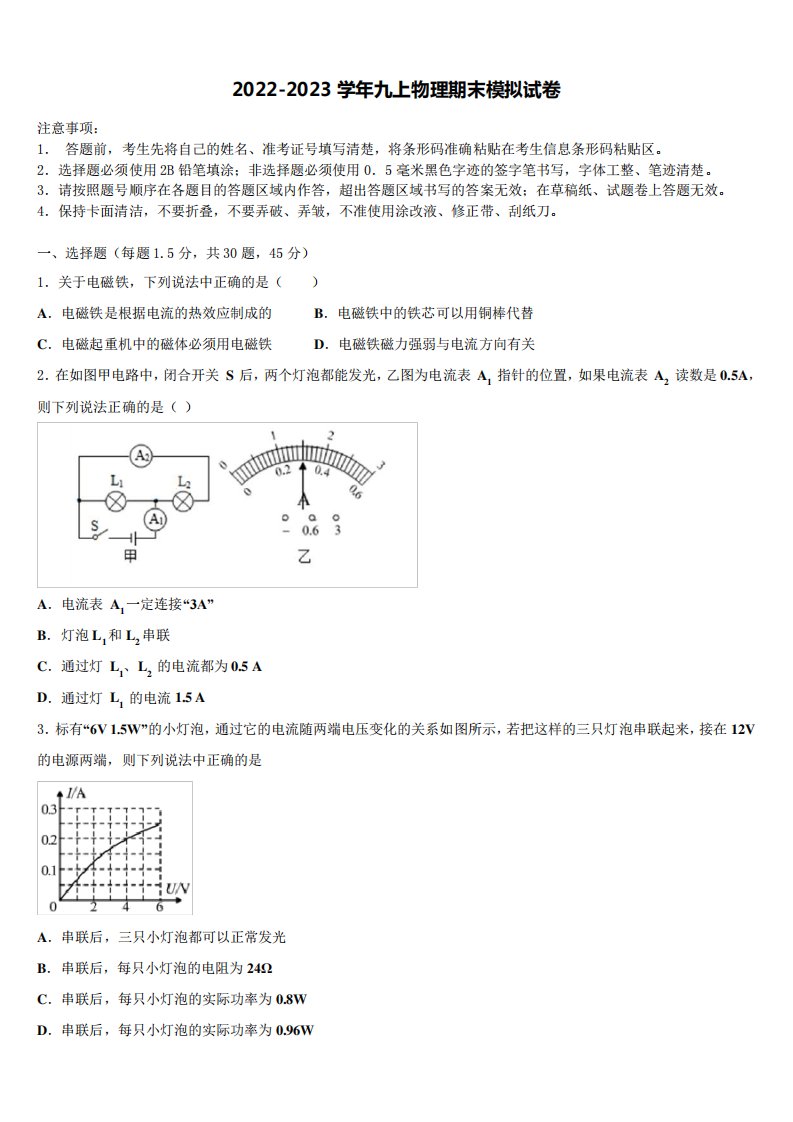 2023学年九年级物理第一学期期末学业水平测试模拟试题含解析