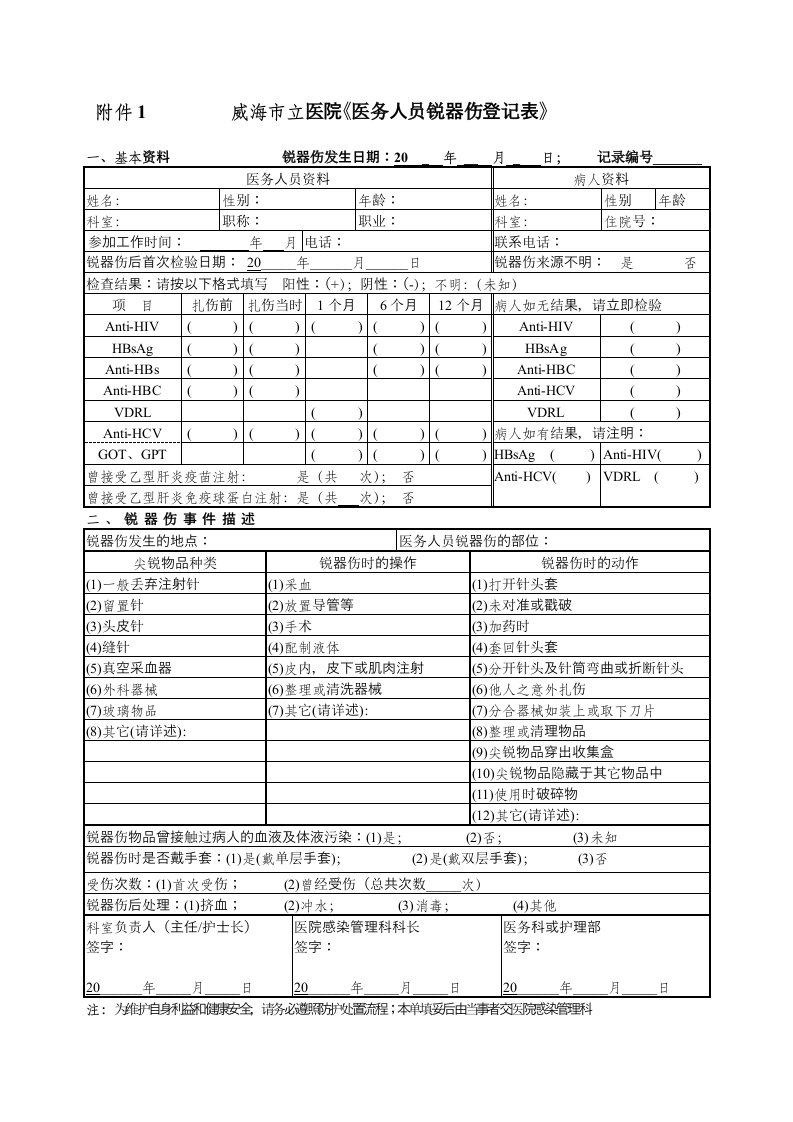 医务人员锐器伤登记表