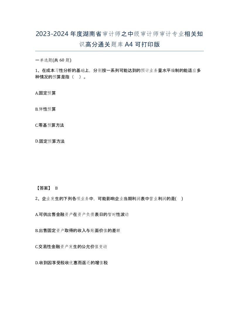 2023-2024年度湖南省审计师之中级审计师审计专业相关知识高分通关题库A4可打印版