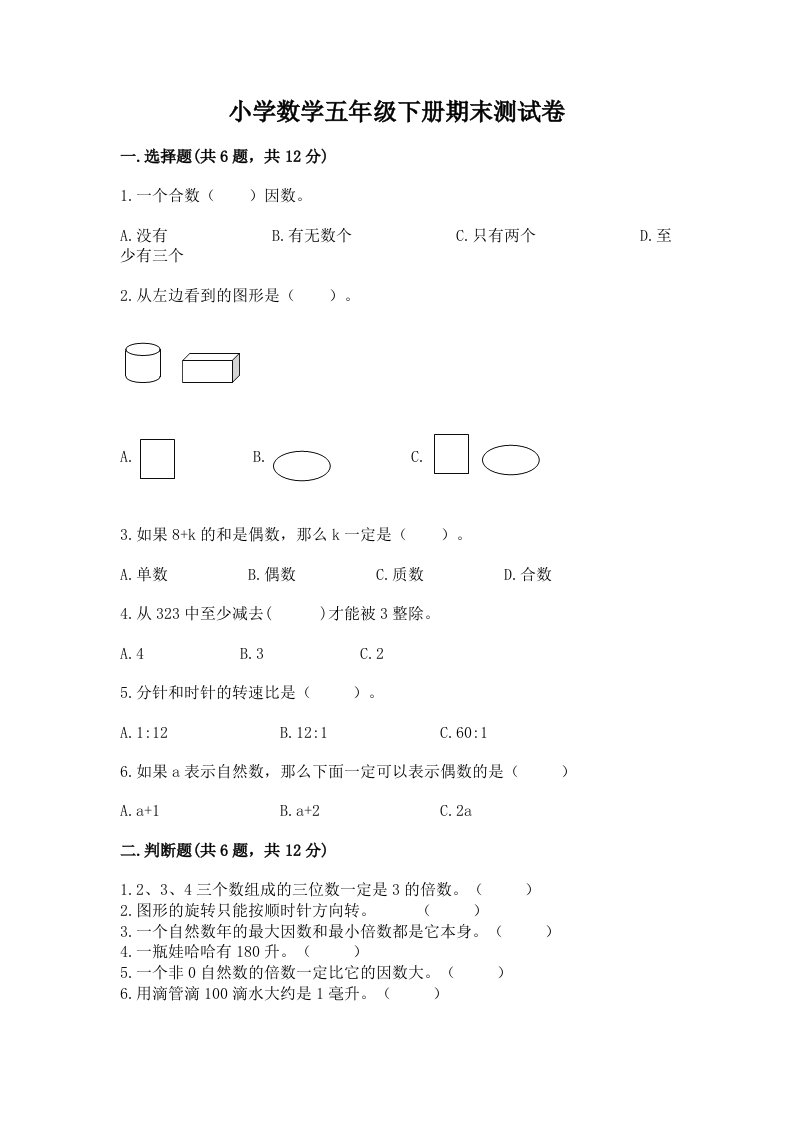 小学数学五年级下册期末测试卷附答案【模拟题】