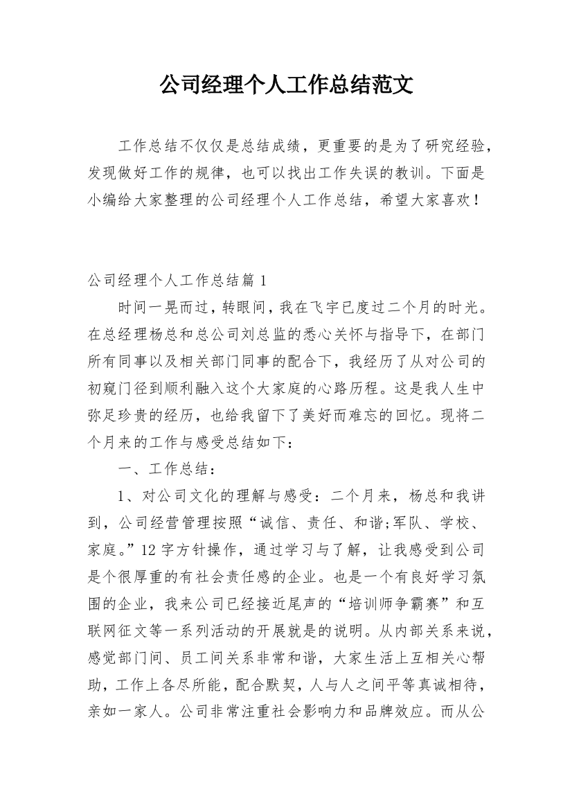 公司经理个人工作总结范文