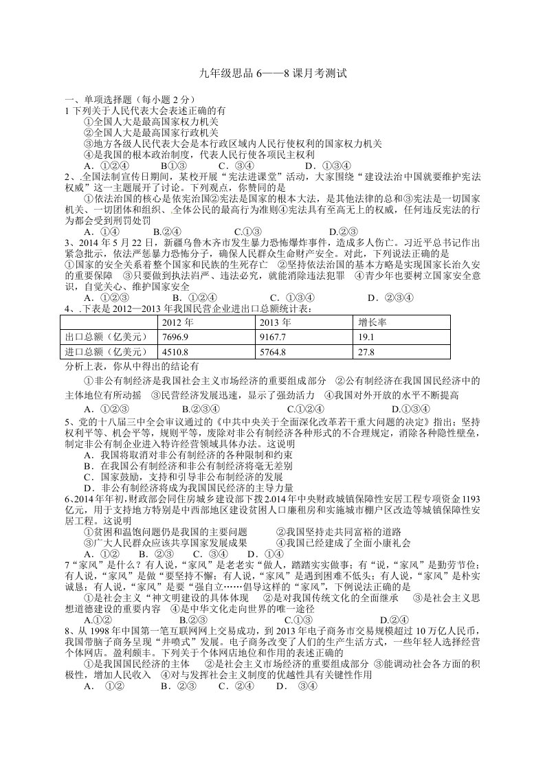 九年级思品月考测试2014年