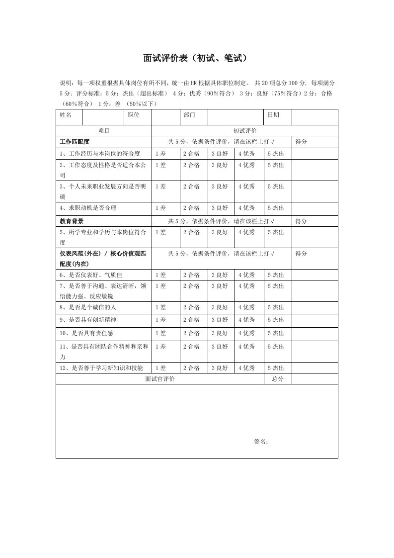 面试评价表