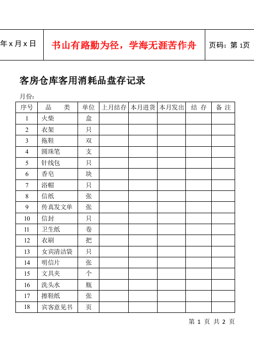 客房仓库客用消耗品盘存记录