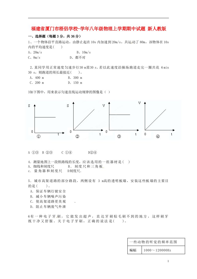 福建省厦门市八级物理上学期期中试题（无答案）