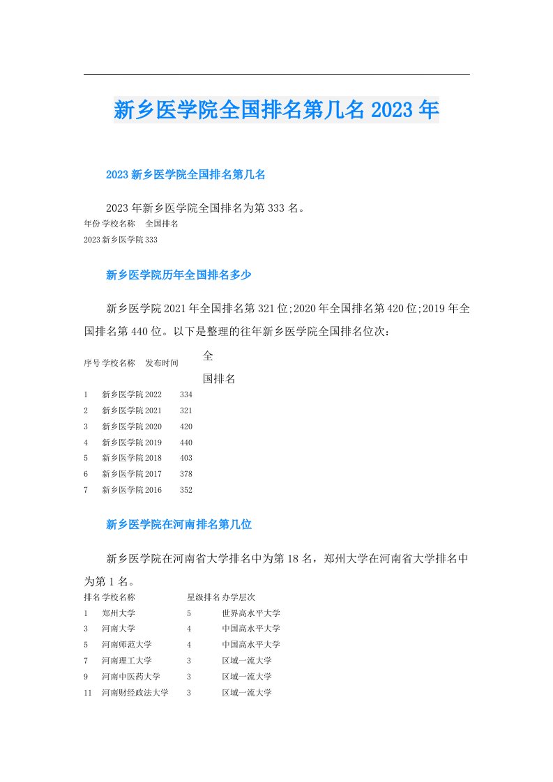 新乡医学院全国排名第几名