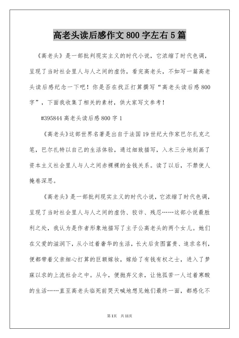 高老头读后感作文800字左右5篇