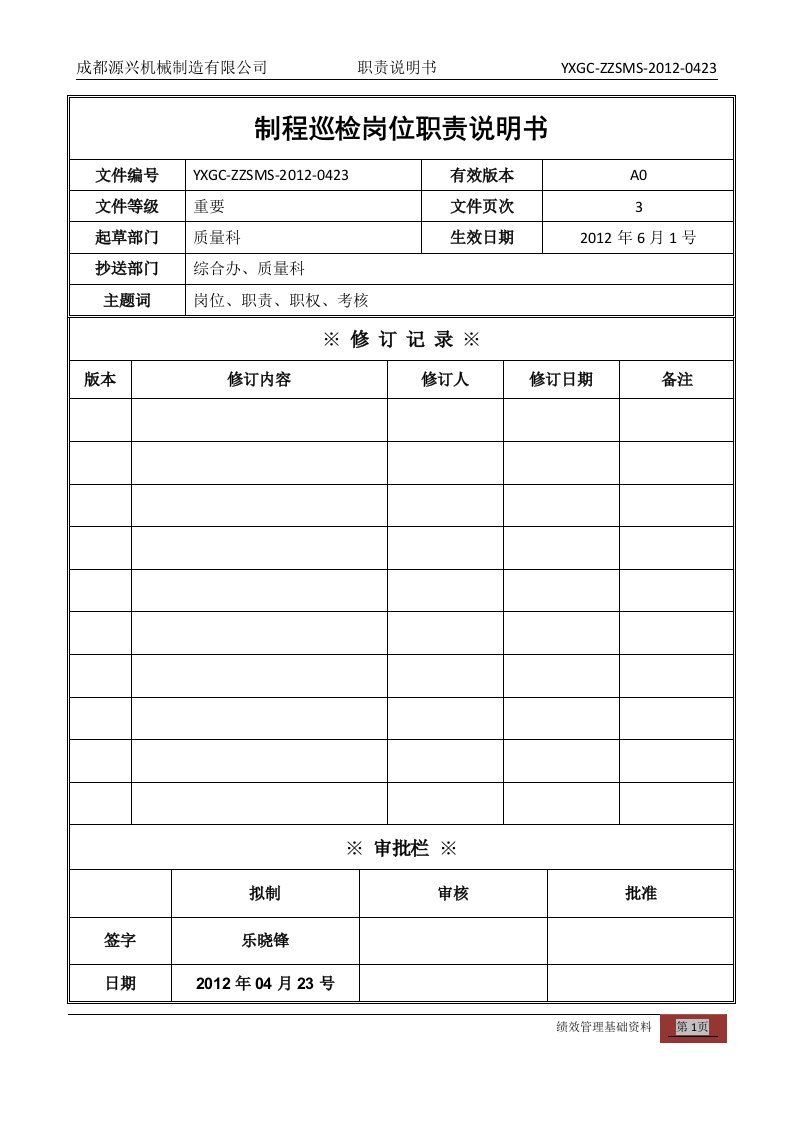 制程巡检(IPQC)岗位职责说明书(第一章)