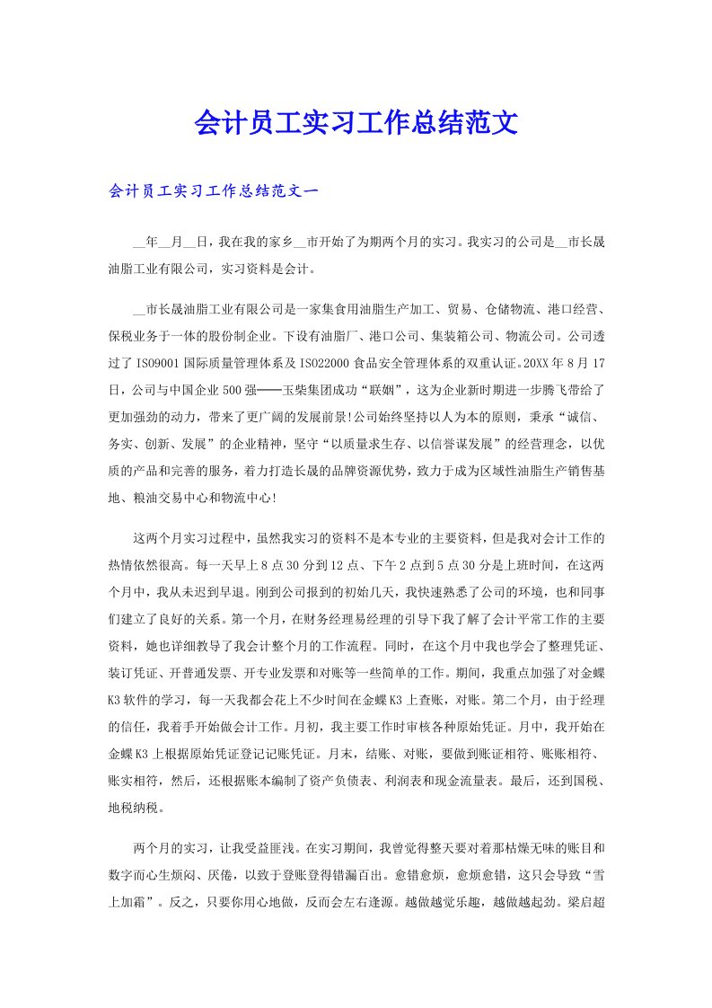 会计员工实习工作总结范文